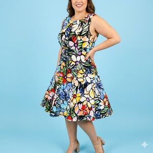 Spense Floral Abstract Scuba Knit Fit & Flare Dress Sleeveless Multi-Color Sz 14